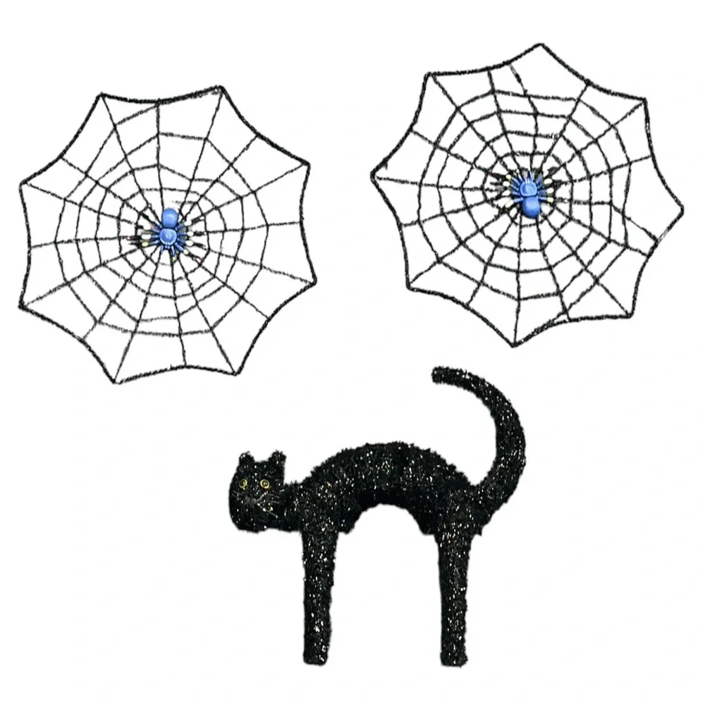 Vintage Halloween Holiday Tinsel Wire Standing Arching Black Cat and SpiderWebs